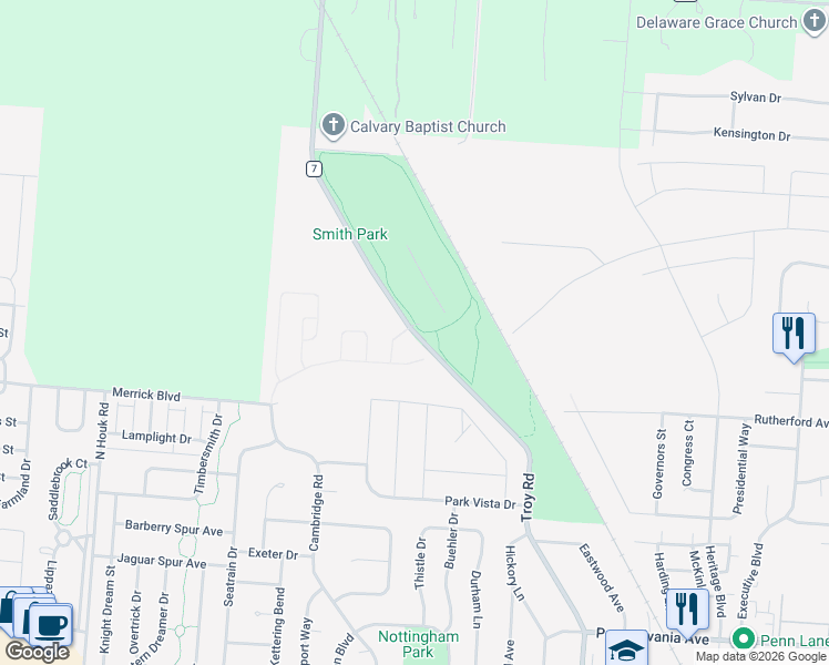 map of restaurants, bars, coffee shops, grocery stores, and more near County Road 7 in Delaware