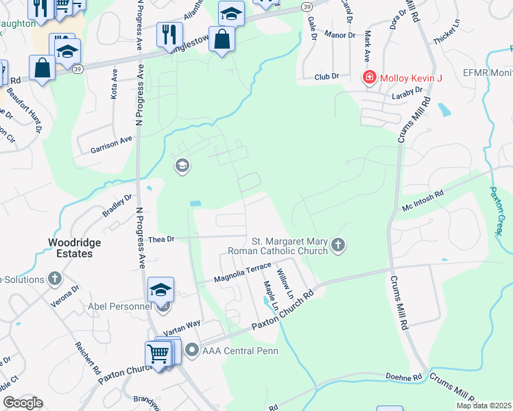 map of restaurants, bars, coffee shops, grocery stores, and more near 2513 Oakwood Lane in Harrisburg