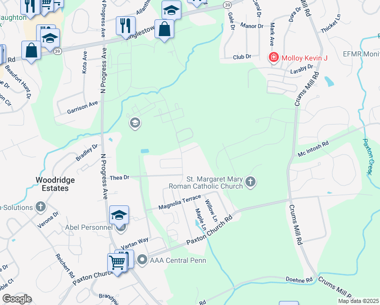 map of restaurants, bars, coffee shops, grocery stores, and more near 2513 Oakwood Lane in Harrisburg