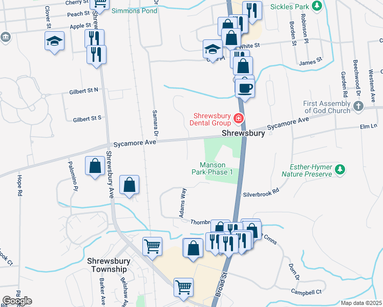 map of restaurants, bars, coffee shops, grocery stores, and more near 451 Sycamore Avenue in Shrewsbury