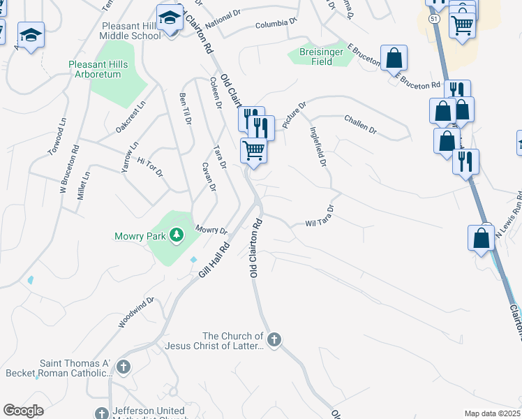 map of restaurants, bars, coffee shops, grocery stores, and more near 720 Old Clairton Road in Jefferson Hills