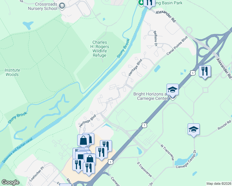 map of restaurants, bars, coffee shops, grocery stores, and more near 104 Heritage Boulevard in Princeton