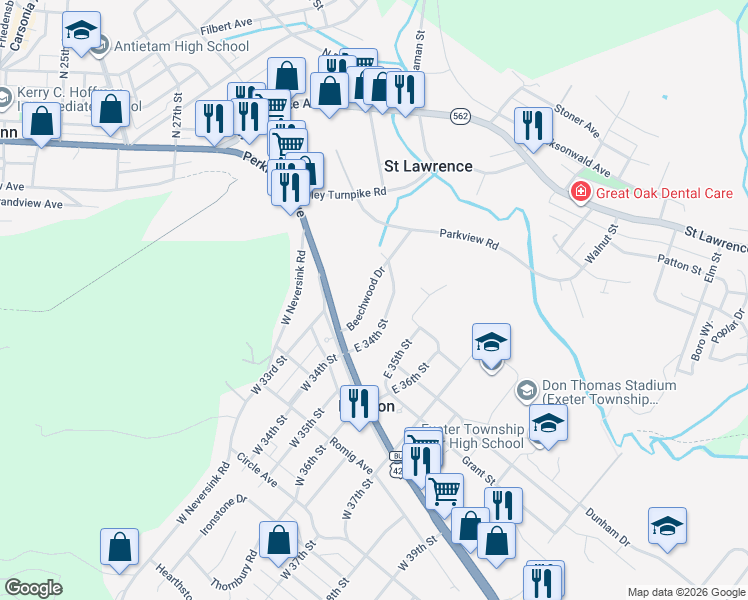map of restaurants, bars, coffee shops, grocery stores, and more near 18 Beechwood Drive in Reading