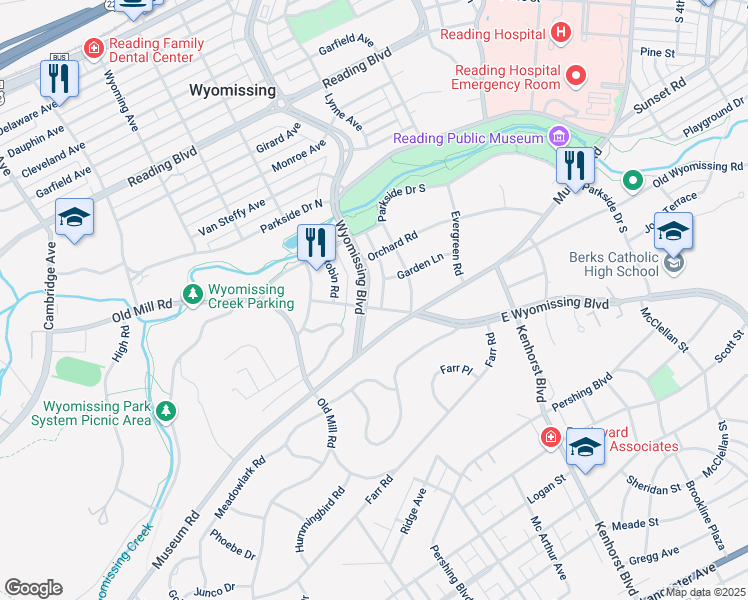map of restaurants, bars, coffee shops, grocery stores, and more near 1414 Garden Lane in Wyomissing