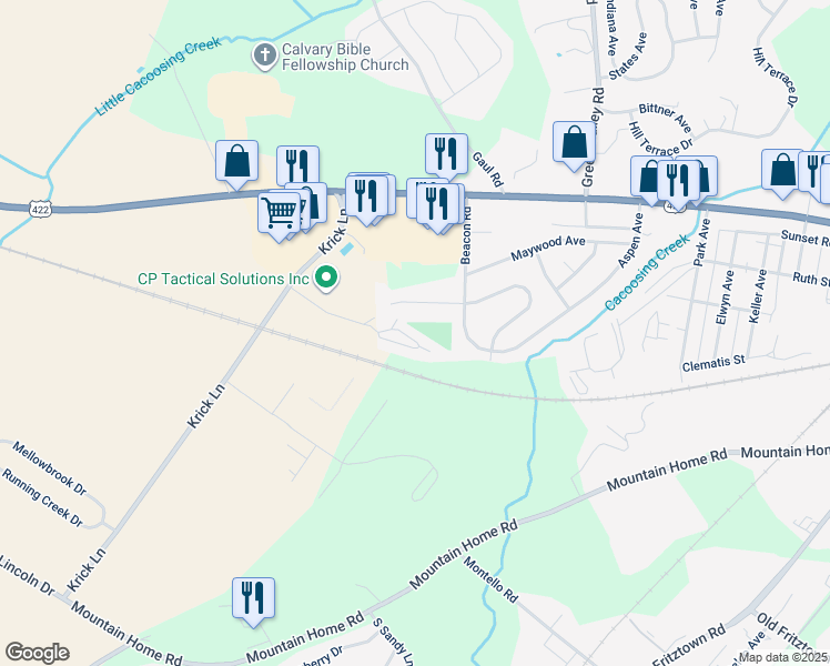 map of restaurants, bars, coffee shops, grocery stores, and more near 609 Caramist Circle in Sinking Spring