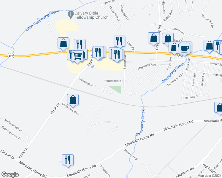 map of restaurants, bars, coffee shops, grocery stores, and more near 609 Caramist Circle in Sinking Spring