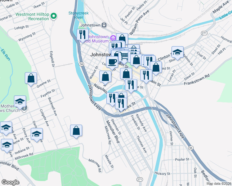 map of restaurants, bars, coffee shops, grocery stores, and more near 1 Tech Park Drive in Johnstown