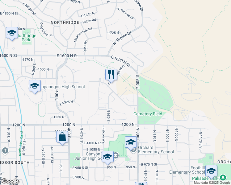 map of restaurants, bars, coffee shops, grocery stores, and more near 703 Timpanogos Parkway in Orem