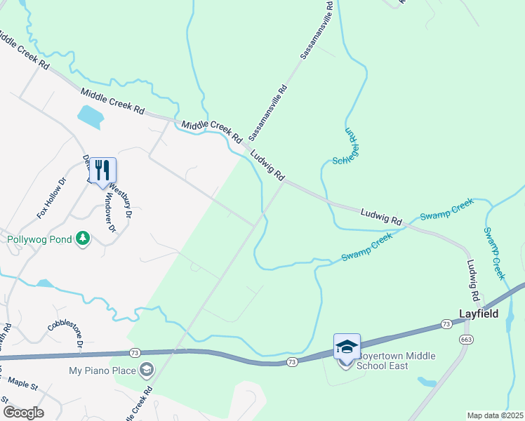 map of restaurants, bars, coffee shops, grocery stores, and more near 3201 Middle Creek Road in Gilbertsville