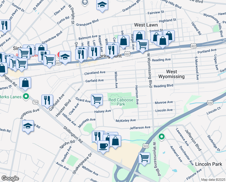 map of restaurants, bars, coffee shops, grocery stores, and more near 2510 Reading Boulevard in West Lawn