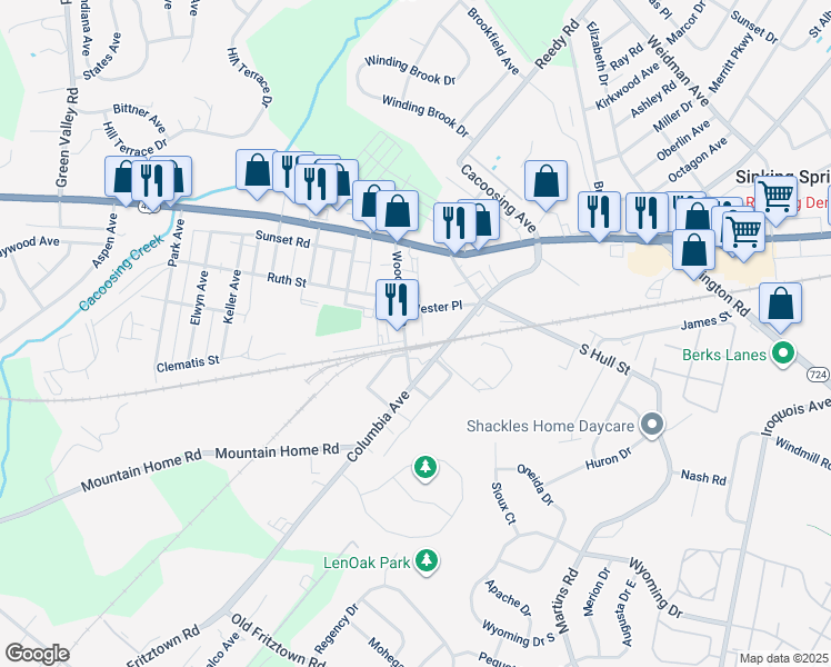 map of restaurants, bars, coffee shops, grocery stores, and more near 123 Woodrow Avenue in Sinking Spring