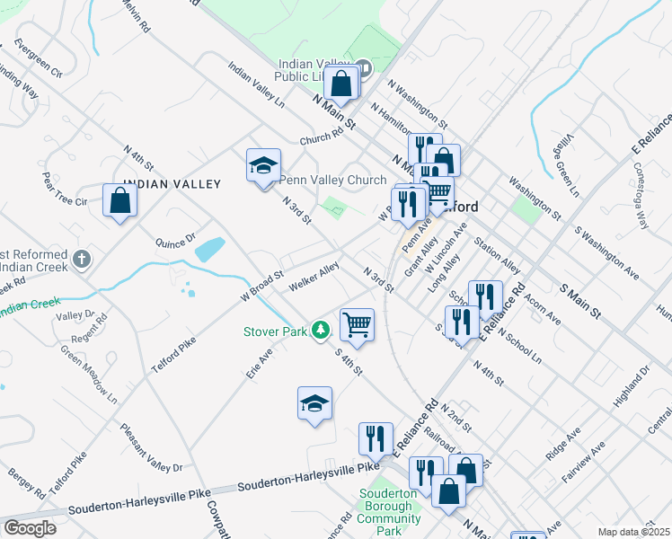 map of restaurants, bars, coffee shops, grocery stores, and more near 330 West Broad Street in Telford