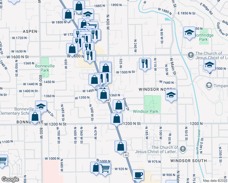 map of restaurants, bars, coffee shops, grocery stores, and more near 1409b North Amiron Way in Orem