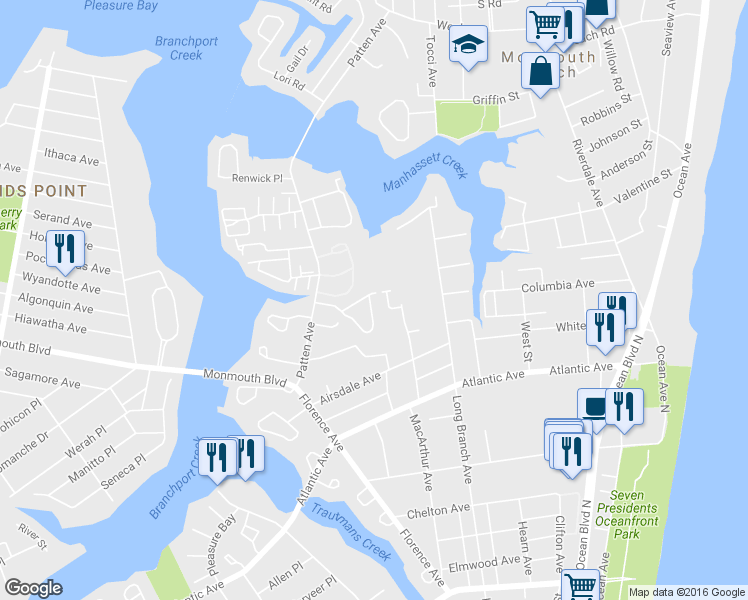 map of restaurants, bars, coffee shops, grocery stores, and more near 59 Shore Drive in Long Branch