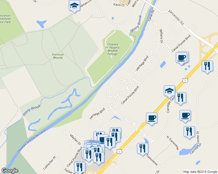 map of restaurants, bars, coffee shops, grocery stores, and more near 303 Trinity Court in Princeton