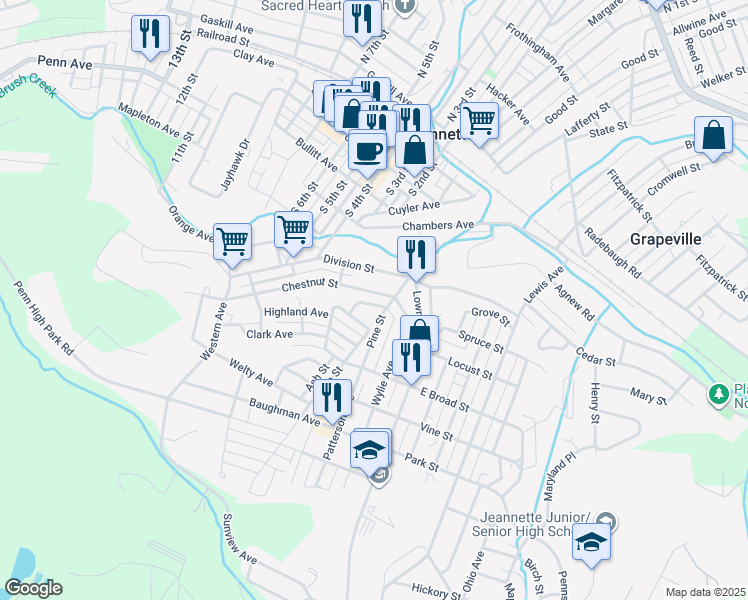 map of restaurants, bars, coffee shops, grocery stores, and more near 202 Chestnut Street in Jeannette