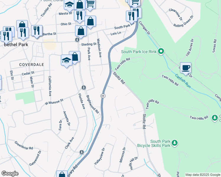 map of restaurants, bars, coffee shops, grocery stores, and more near 5493 Library Road in Bethel Park