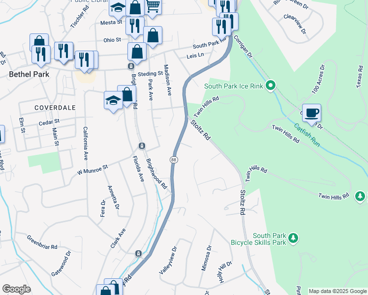 map of restaurants, bars, coffee shops, grocery stores, and more near 5493 Library Road in Bethel Park