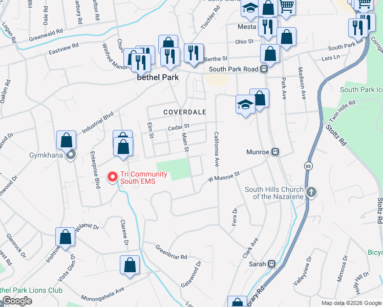 map of restaurants, bars, coffee shops, grocery stores, and more near 2835 Poplar Street in Bethel Park
