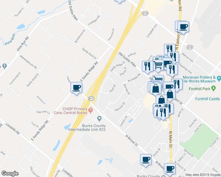 map of restaurants, bars, coffee shops, grocery stores, and more near 27 Pearl Drive in Doylestown