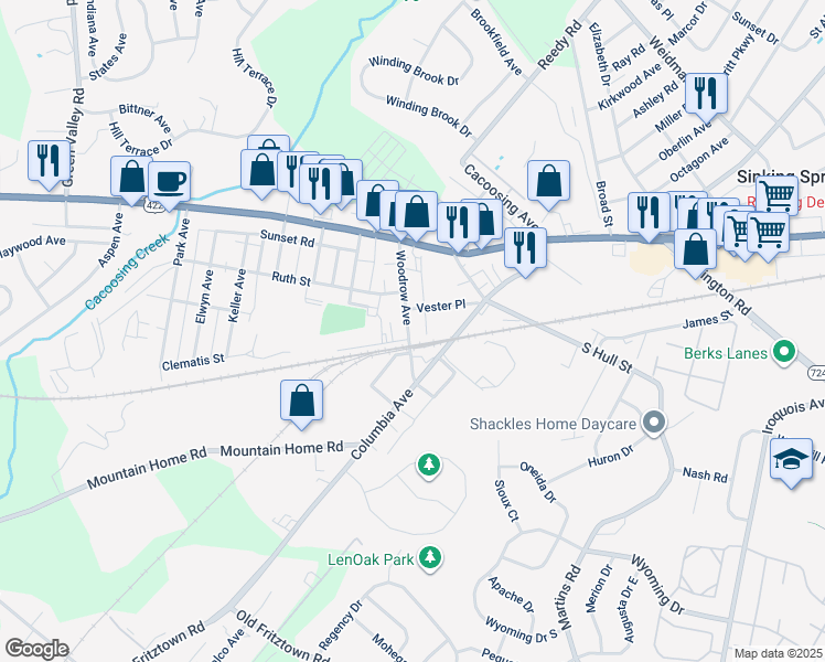 map of restaurants, bars, coffee shops, grocery stores, and more near 123 Woodrow Avenue in Sinking Spring
