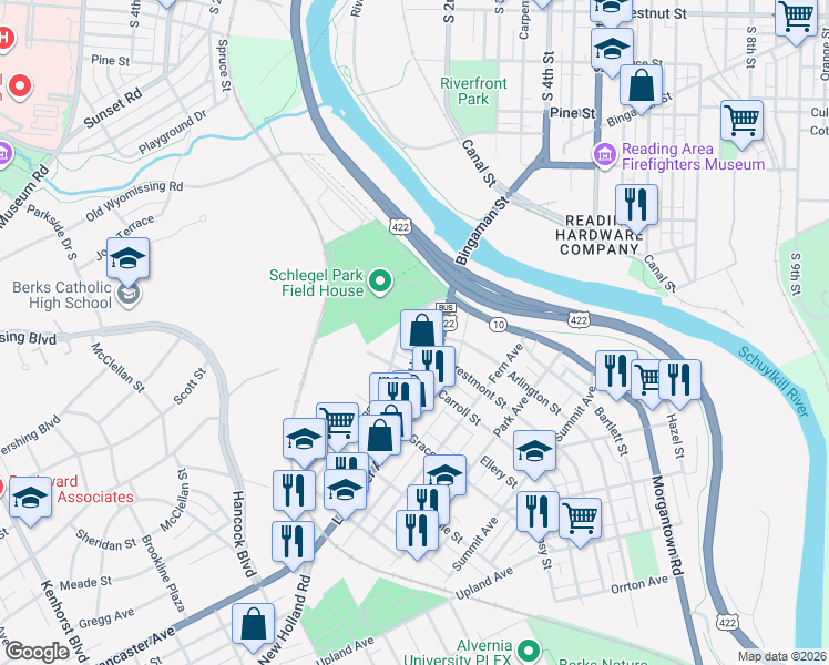 map of restaurants, bars, coffee shops, grocery stores, and more near 115 Lancaster Avenue in Reading