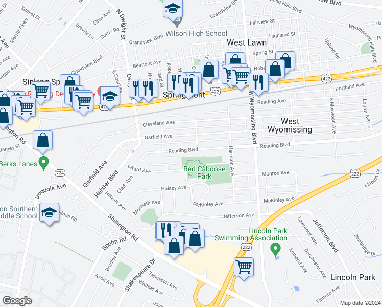 map of restaurants, bars, coffee shops, grocery stores, and more near 2510 Reading Boulevard in West Lawn