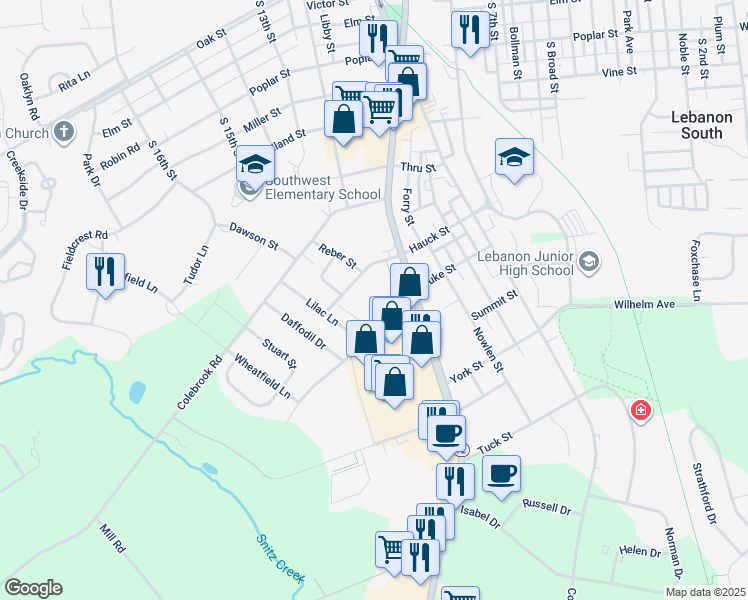 map of restaurants, bars, coffee shops, grocery stores, and more near 519 Greentree Village in Lebanon