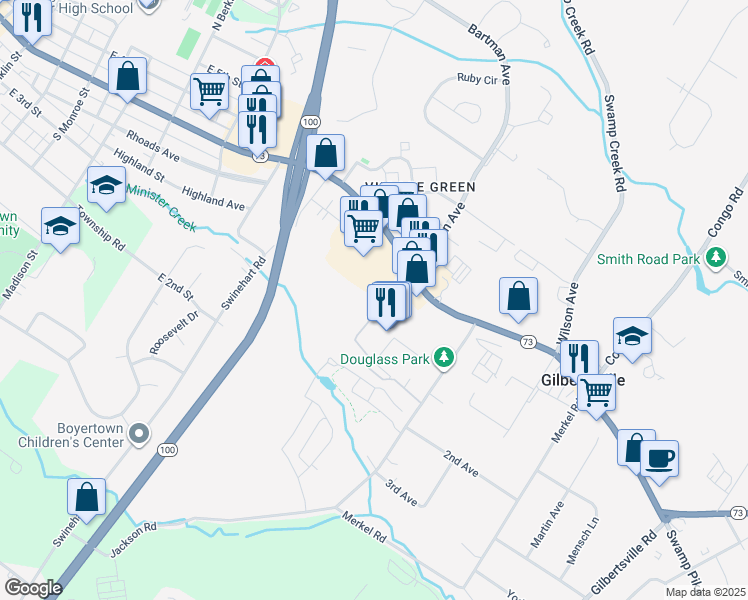 map of restaurants, bars, coffee shops, grocery stores, and more near 1070 East Philadelphia Avenue in Gilbertsville