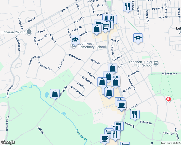 map of restaurants, bars, coffee shops, grocery stores, and more near 986 Lilac Lane in Lebanon