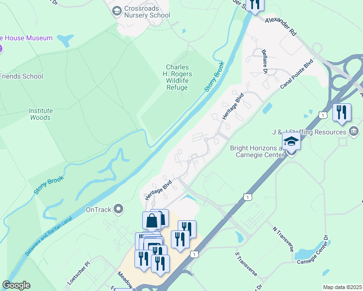 map of restaurants, bars, coffee shops, grocery stores, and more near 303 Trinity Court in Princeton