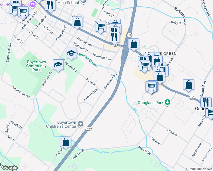 map of restaurants, bars, coffee shops, grocery stores, and more near 221 Swinehart Road in Boyertown