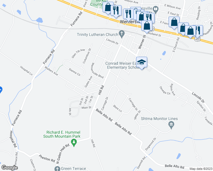 map of restaurants, bars, coffee shops, grocery stores, and more near 515 Hill Road in Wernersville