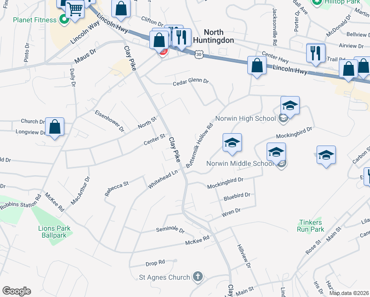 map of restaurants, bars, coffee shops, grocery stores, and more near 600 Buttermilk Hollow Road in Irwin