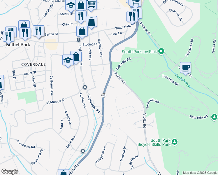 map of restaurants, bars, coffee shops, grocery stores, and more near 5493 Library Road in Bethel Park