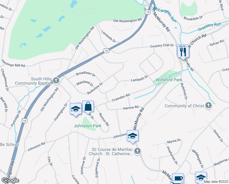 map of restaurants, bars, coffee shops, grocery stores, and more near 2343 Lambeth Drive in Pittsburgh