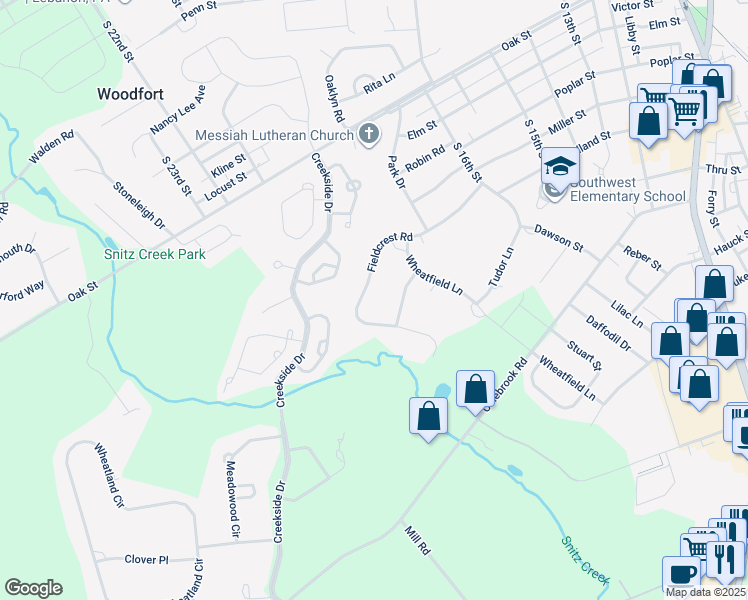 map of restaurants, bars, coffee shops, grocery stores, and more near 1907 Fieldcrest Road in Lebanon