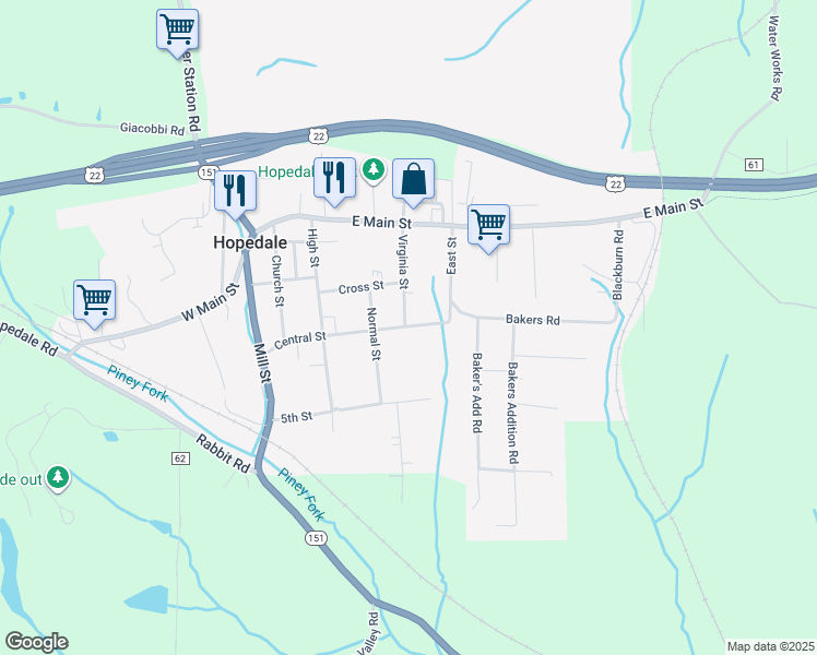 map of restaurants, bars, coffee shops, grocery stores, and more near 539 Virginia St in Hopedale
