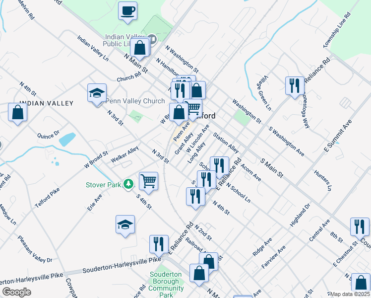 map of restaurants, bars, coffee shops, grocery stores, and more near 5 School Lane in Telford