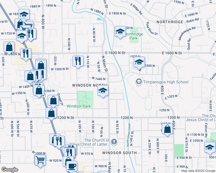 map of restaurants, bars, coffee shops, grocery stores, and more near 1410 North Main Street in Orem