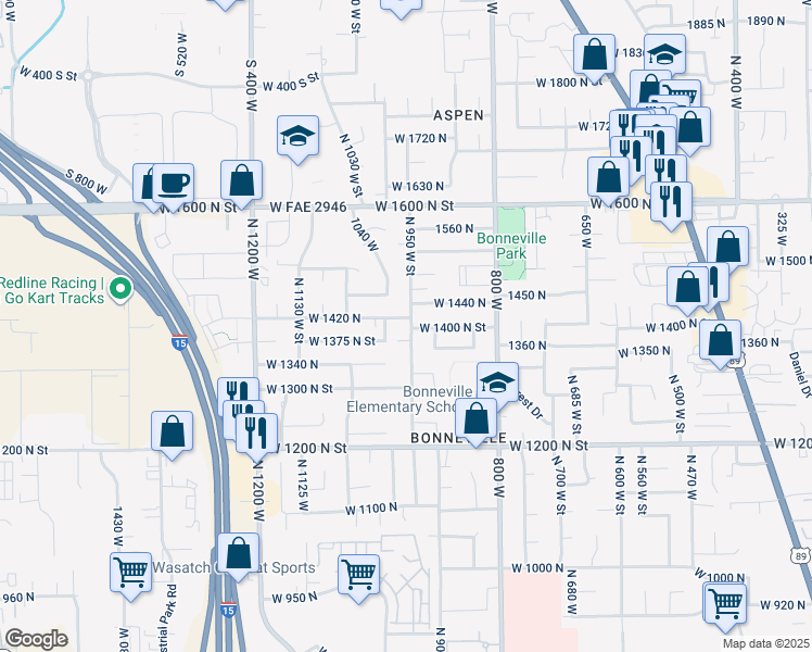 map of restaurants, bars, coffee shops, grocery stores, and more near 1412 North 950 West Street in Orem
