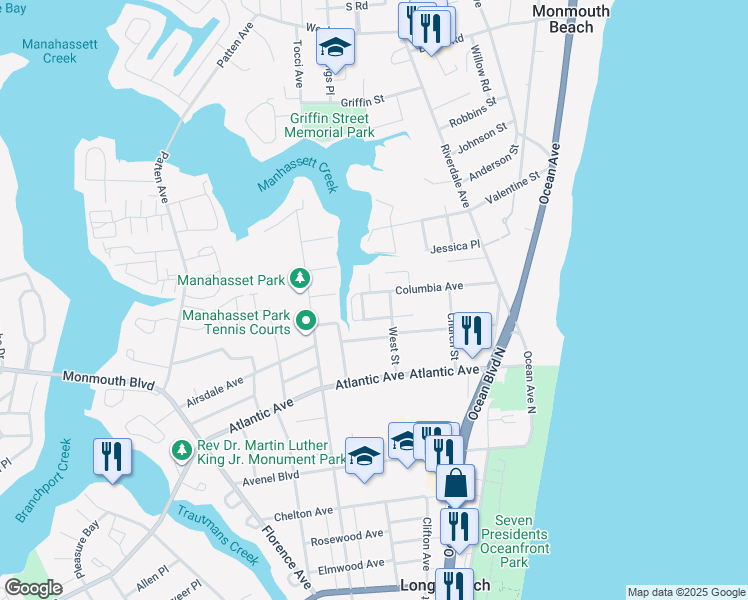 map of restaurants, bars, coffee shops, grocery stores, and more near 520 West Street in Long Branch