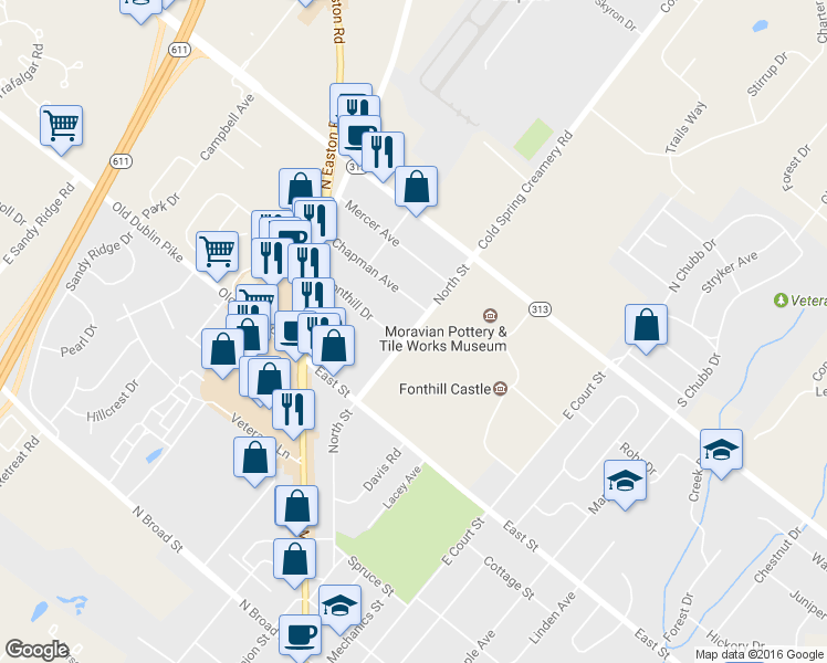 map of restaurants, bars, coffee shops, grocery stores, and more near North Circle in Doylestown