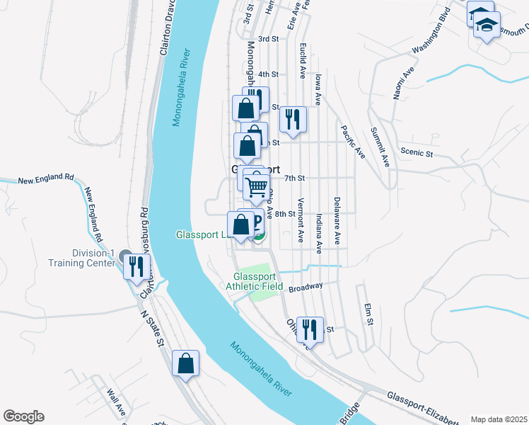 map of restaurants, bars, coffee shops, grocery stores, and more near 736 Ohio Avenue in Glassport
