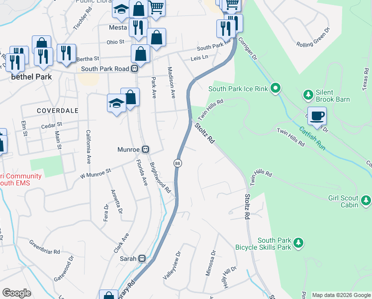 map of restaurants, bars, coffee shops, grocery stores, and more near 5493 Library Road in Bethel Park