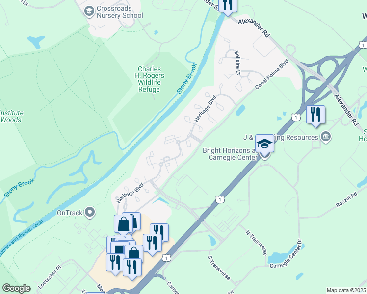 map of restaurants, bars, coffee shops, grocery stores, and more near 103 Claridge Court in Princeton