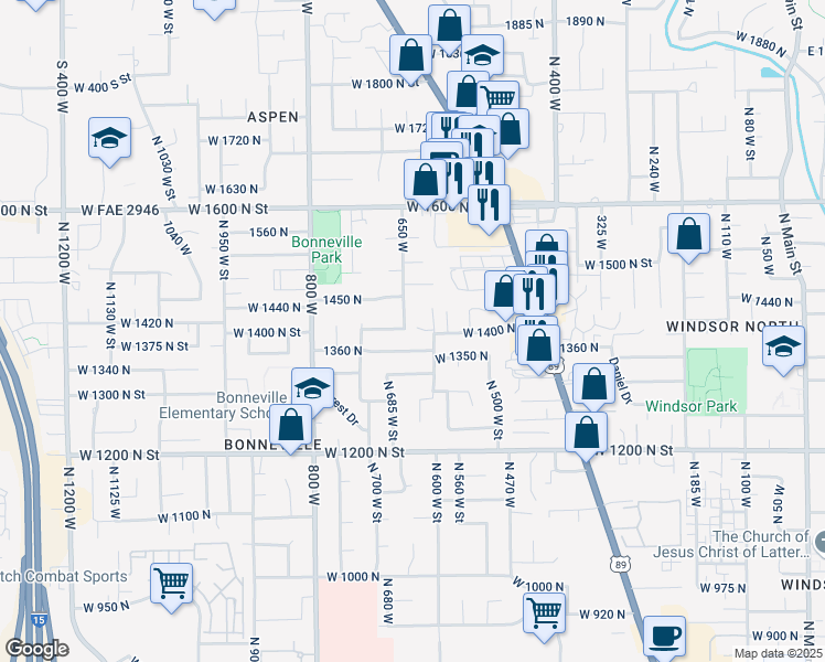 map of restaurants, bars, coffee shops, grocery stores, and more near 1402 North 650 West Street in Orem
