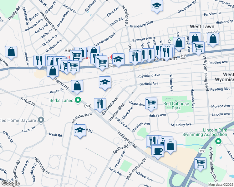 map of restaurants, bars, coffee shops, grocery stores, and more near 2807 Garfield Avenue in West Lawn