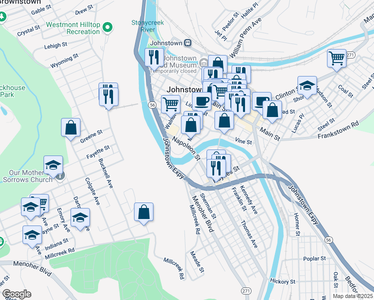 map of restaurants, bars, coffee shops, grocery stores, and more near 360 Napoleon Street in Johnstown