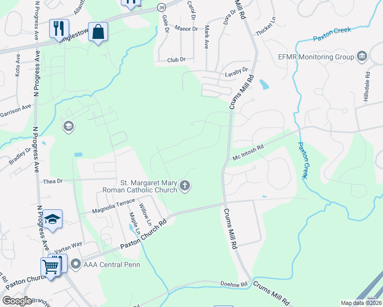 map of restaurants, bars, coffee shops, grocery stores, and more near 2910 Paxton Church Road in Harrisburg